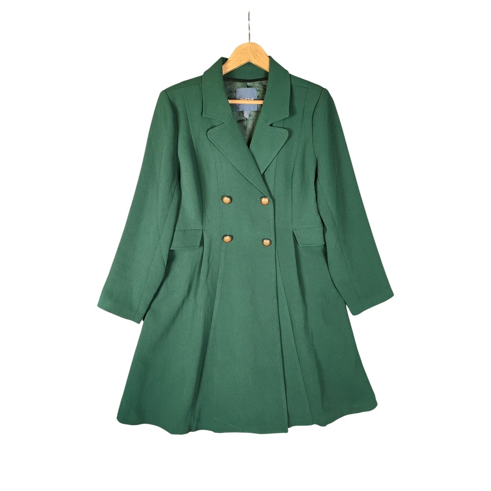 ModCloth Peacoat Large Green Double Breasted Pleated Fit and Flare Mid Length